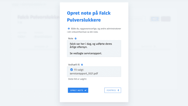 En note i OnLion, med uploadet servicerapport, som gemmes på udstyret.